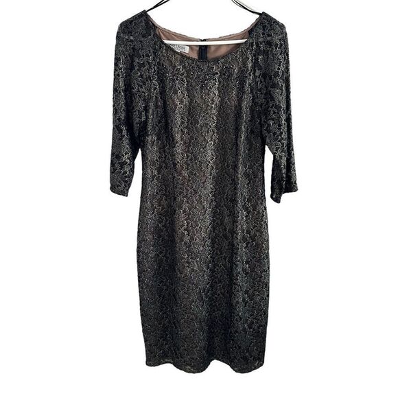 Kay Unger Dresses & Skirts - Kay Unger New York  3/4 Sleeve Gold Bronze Metallic Lace Overlay Dress Size 10